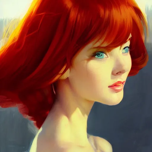 Image similar to greg manchess close up portrait painting of redhead beauty as manga character, medium shot, asymmetrical, profile picture, organic painting, sunny day, matte painting, bold shapes, hard edges, street art, trending on artstation, by huang guangjian and gil elvgren and sachin teng