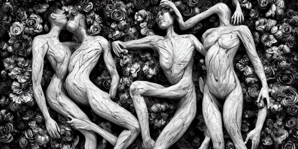 Prompt: surrealist sculpture human bodies intertwined, a lovely cornucopia of flowers and human body parts, body parts, paint pour, swirling paint colors, black and white photography, desaturated, highly detailed, octane render, cinematic