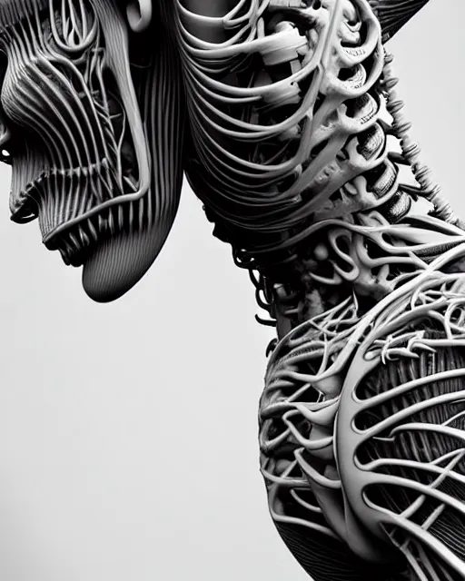 Image similar to raw bw 3 d redshift render biomechanical intricate spinal ribbed organic body detail of mechanical female vegetal - cyborg, beautiful insanely detailed, digital art, octane render, 8 k artistic photography, photo - realistic, unreal engine