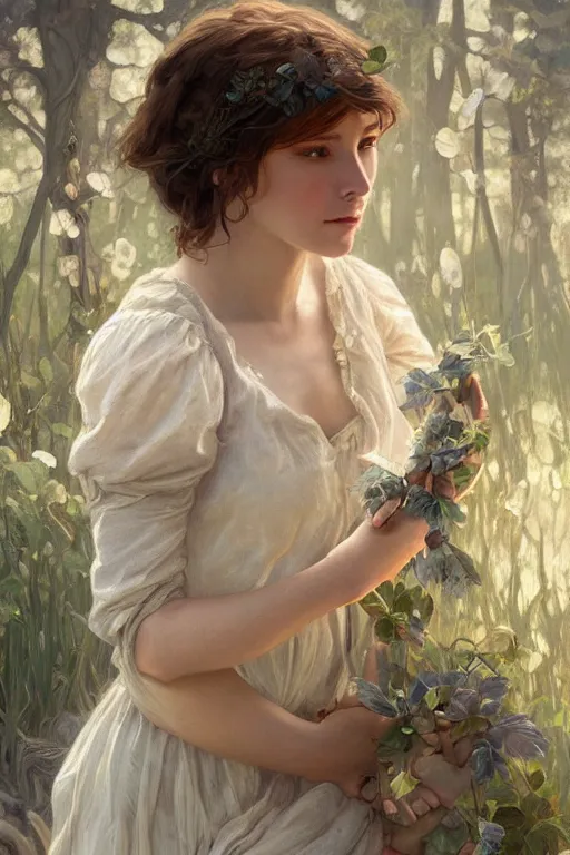 Image similar to beautiful cottagecore young peasant maiden, innocent, intricate, elegant, highly detailed, digital painting, artstation, concept art, smooth, sharp focus, illustration, art by artgerm and greg rutkowski and alphonse mucha