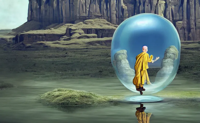 Image similar to a scary hyperrealist painting of a monk in a giant transparent bubble from howl's moving castle ( 2 0 0 4 ) in a flooded monument valley stonehenge jungle. depth perception, 4 k, artstation, in the style of studio ghibli