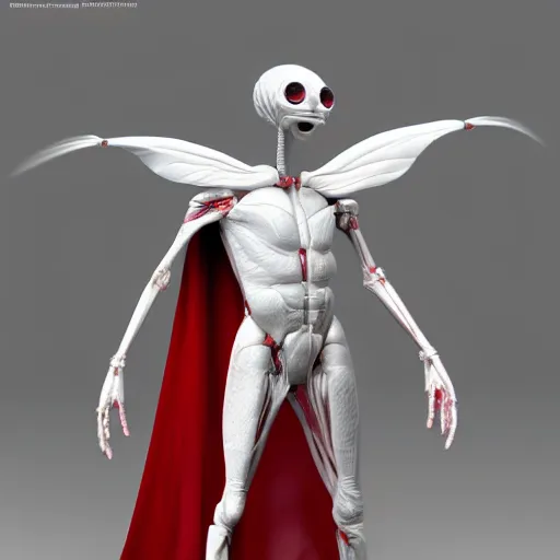 Image similar to insect alien humanoid made of white chitin and red muscle, tall, thin, elegant, winged cape, ascended, godlike, benevolent, hive mind, beautiful, haunting, sci - fi, trending on artstation, unreal engine, hyper realistic