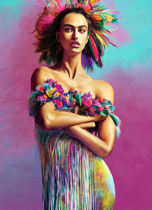 Prompt: beautiful portrait of Irina Shayk wearing fantastic Hand-dyed cotton dress,embellished beaded feather decorative fringe knots ,colorful pigtail,subtropical flowers and plants,dramatic lighting,symmetrical face,intricate,elegant,highly detailed,8k,post-processing,digital painting,trending on artstation, GUCCI,PRADA,concept art, sharp focus, illustration, by artgerm,Tom Bagshaw,Lawrence Alma-Tadema,greg rutkowski,alphonse Mucha