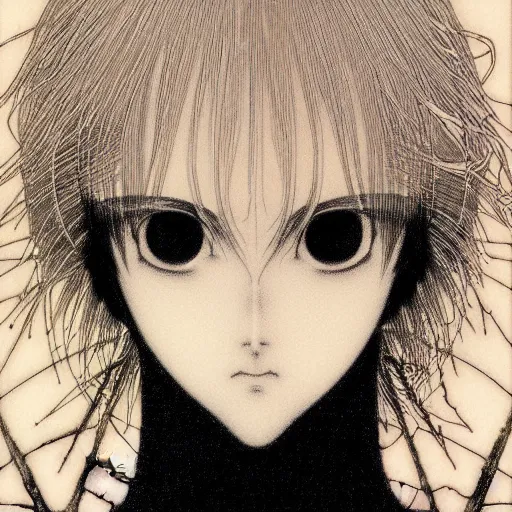 Image similar to prompt: Fragile looking vessel portrait soft light drawn by Takato Yamamoto, inspired by Fables, weapons around the face, ancient dark chrome knight armor, magical and alchemical objects on the side, soft light, white background, intricate detail, intricate oil painting detail, sharp high detail, manga and anime 2000