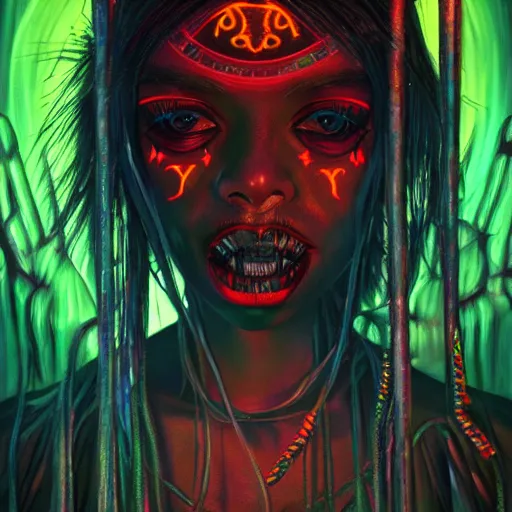 Image similar to a death tarot featuring a haitian voodoo priestess with menacing eyes, blacklight neon colors, by anton semenov and android jones in cyberpunk voodoo style, oil on canvas, 8k
