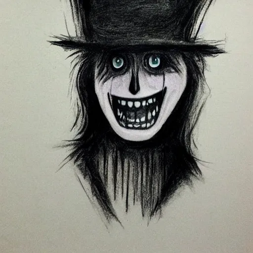 Prompt: horrifying charcoal drawing of the babadook