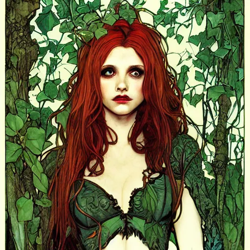 Prompt: a beautiful painting buffy the vampire slayer as poison ivy, dark eyeliner, intricate, elegant, highly detailed, digital painting, artstation, concept art, matte, sharp focus, illustration, art by rebecca guay and by arthur rackham and by alphonse mucha and by john william waterhouse