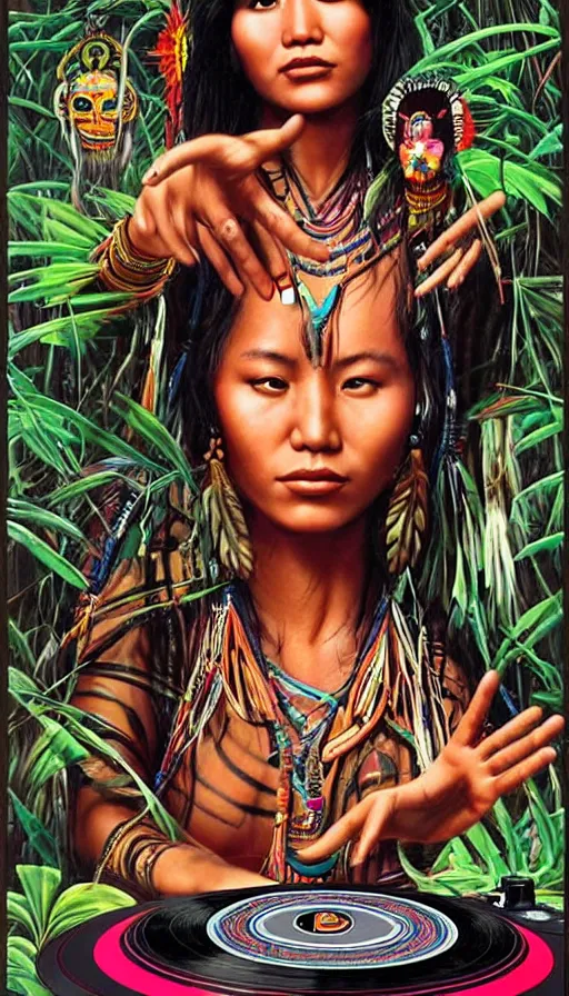 Prompt: a beautiful indigenous dj woman deejing with a pioneer turntables in the jungle, poster art by daniele caruso, benediktus budi, jason edmiston, vc johnson, powell peralta