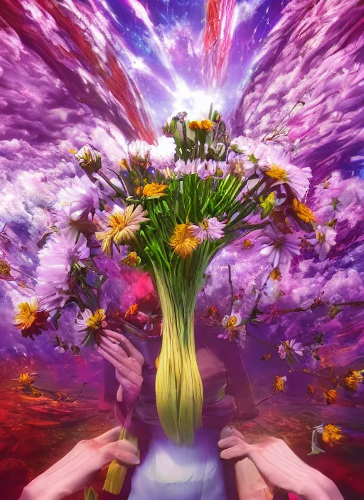 Image similar to An epic fantastic realism comic book style painting of the most beautiful flowers launched into space, bouquets, fisheye lens, unreal 5, DAZ, hyperrealistic, octane render, dynamic lighting