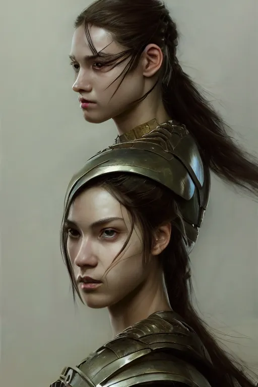 Image similar to a photorealistic painting of an attractive young girl, partially clothed in battle armor, olive skin, long dark hair, beautiful bone structure, symmetrical face, perfect eyes, intricate, elegant, digital painting, concept art, illustration, sharp focus, minimal artifacts, from Metal Gear, in the style of Ruan Jia and Mandy Jurgens, by Greg Rutkowski, trending on Artstation, award winning