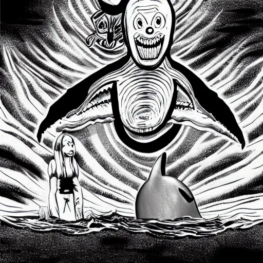 Prompt: Sharknado in the style of junji ito, horror, manga, shark, complex