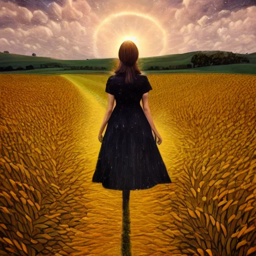 Image similar to giant sunflower face, girl walking in wheat field, hills, surreal photography, dark night, star trails, dramatic light, impressionist painting, clouds, digital painting, artstation, simon stalenhag