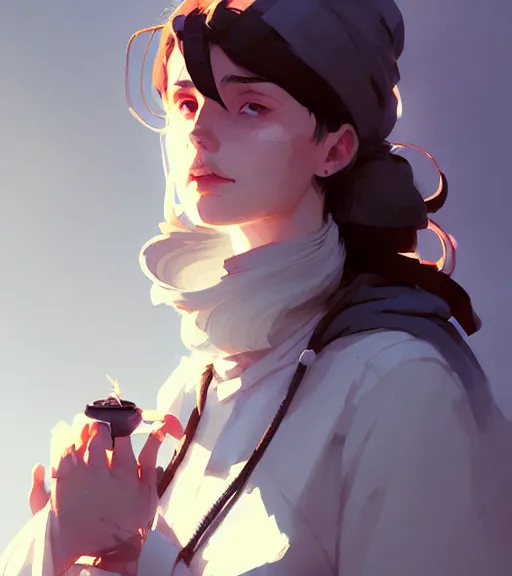 Image similar to portrait of a female cleric by atey ghailan, by greg rutkowski, by greg tocchini, by james gilleard, by joe fenton, by kaethe butcher, dynamic lighting, gradient light blue, brown, blonde cream and white color scheme, grunge aesthetic
