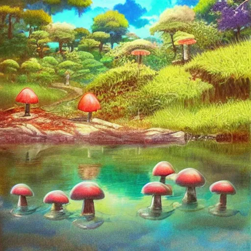 Image similar to a beautiful lake with cute little mushrooms growing around it, fantasy art, 2 d, sunshine, warm colors, relaxing, calm, cozy, peaceful, by studio ghibli