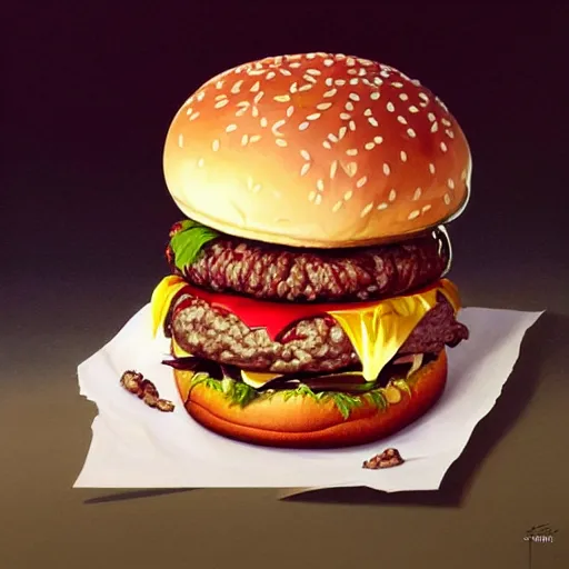 Image similar to portrait of Harrison Ford eating a giant hamburger , extra onions and ketchup, luscious patty with sesame seeds, feminine ethereal, handsome, D&D, fantasy, intricate, elegant, highly detailed, digital painting, artstation, concept art, matte, sharp focus, illustration, art by Artgerm and Greg Rutkowski and Alphonse Mucha