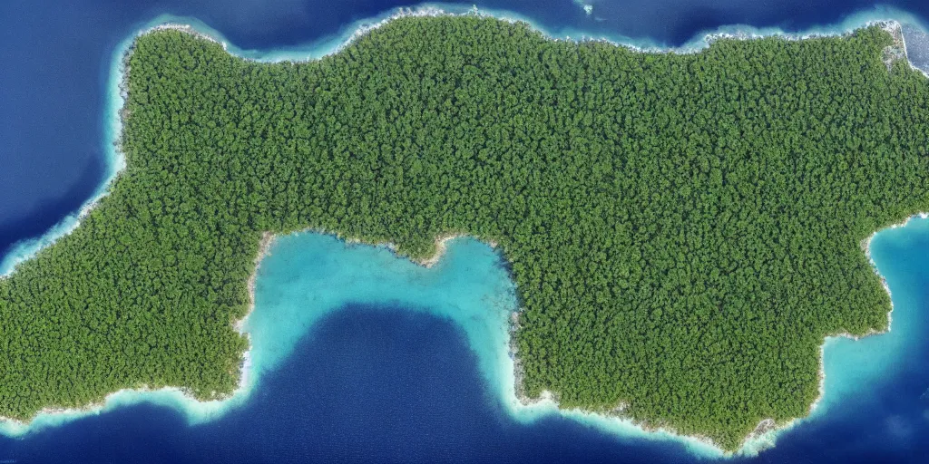 Prompt: National Geographic photograph of large forested islands. Ocean in the foreground. Realistic.