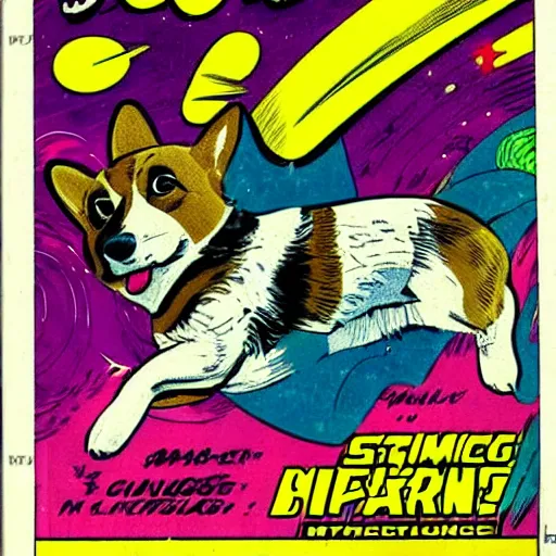 Prompt: vintage marvel comic featuring a corgi in space, bright colors, dynamic, movement, strong lines