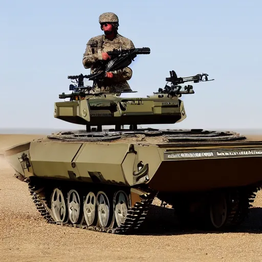 Image similar to unmanned ground vehicle, military, carrying weapons