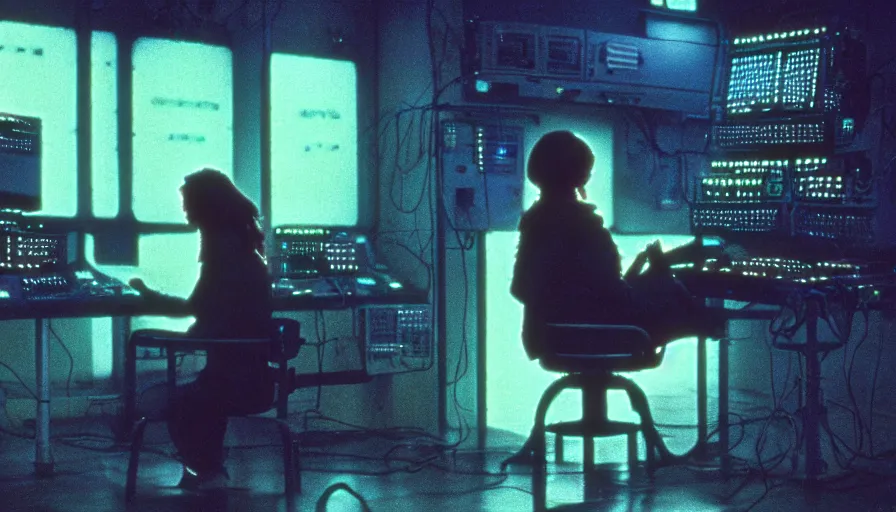 Prompt: 1 9 8 0 movie still, beautiful female neuromancer, sitting in a chair, brain interface, wires, computers, circuits, cinestill 8 0 0 t 3 5 mm, high quality, heavy grain, neon, cyberpunk, shadowrun, dirty, high detail, panoramic, cinematic composition, dramatic light, ultra wide lens, anamorphic