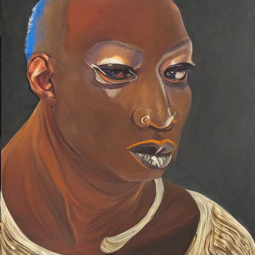 Image similar to a painting of a elegant, well fed, smooth-chinned, long nose, African, elder with few eyebrows by Wangechi Mutu . thinker without facial hair, thoughtful, focused, visionary, calm, jovial, loving, fatherly, generous, . dramatic angle, ethereal lights, details, smooth, sharp focus, illustration, realistic, cinematic, artstation, award winning, rgb , unreal engine, octane render, cinematic light, macro, depth of field, blur, red light and clouds from the back, highly detailed epic cinematic concept art CG render made in Maya, Blender and Photoshop, octane render, excellent composition, dynamic dramatic cinematic lighting, aesthetic, very inspirational, arthouse.