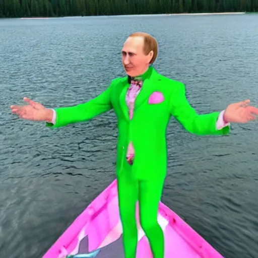 Prompt: ( ( green putin wearing a pink tutu ), on a boat on a lake!!!!!!!!!!!!