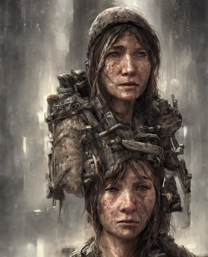 Image similar to ultra - realistic!! lifelike!! high details!! face!! portrait!! of a survivalist woman in a post apocalyptic city, gorgeous cinematic digital concept art trending on artstation by senior concept artist