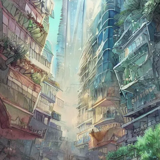 Image similar to Beautiful happy picturesque charming sci-fi city in harmony with nature. Nature everywhere. Nice colour scheme, soft warm colour. Beautiful detailed watercolor by Lurid. (2022)