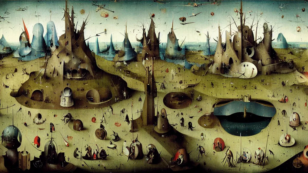 Image similar to a beautiful digital painting digital render of a futuristic spaceport. hieronymus bosch