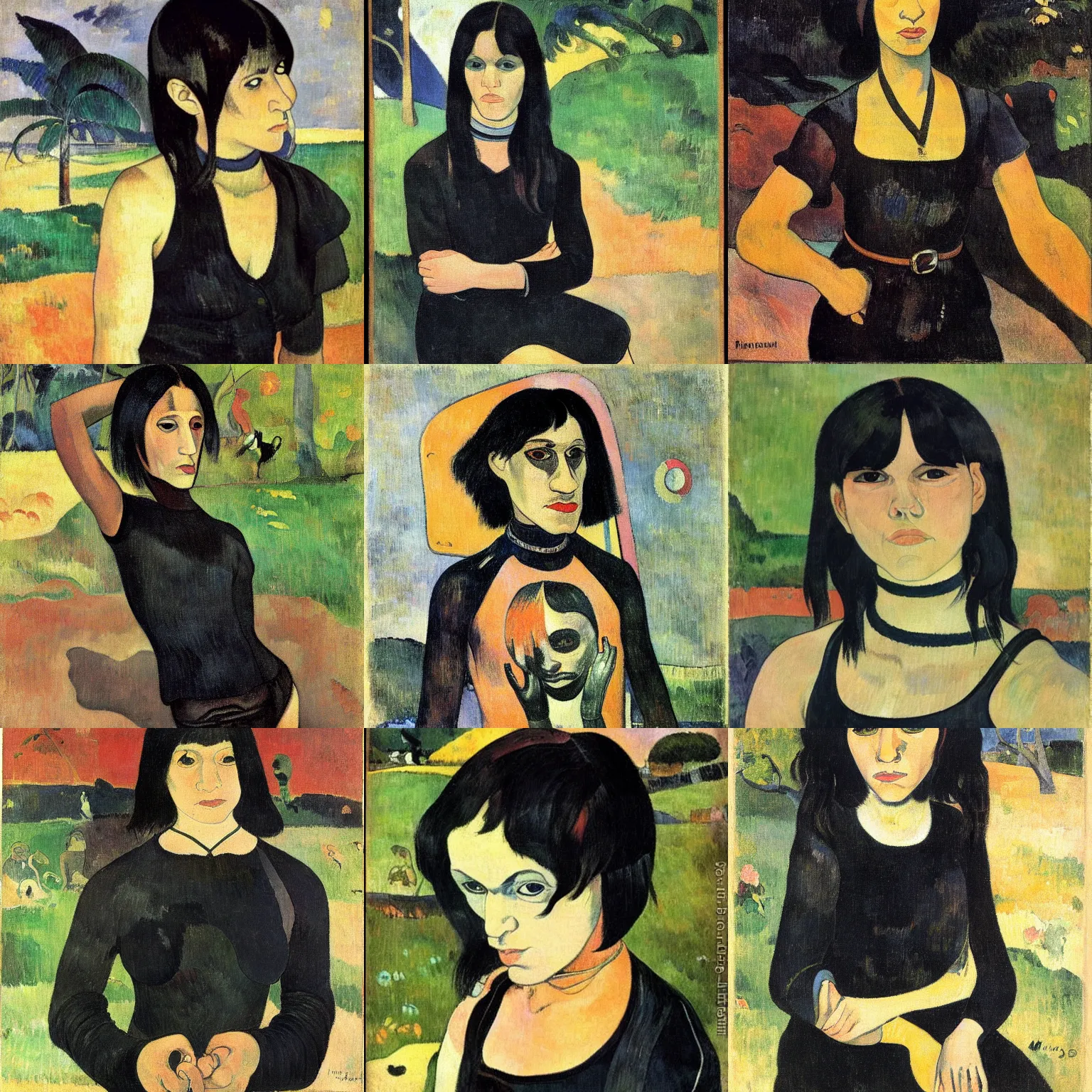 Prompt: an emo painted by paul gauguin. her hair is dark brown and cut into a short, messy pixie cut. she has large entirely - black evil eyes. she is wearing a black tank top, a black leather jacket, a black knee - length skirt, a black choker, and black leather boots.