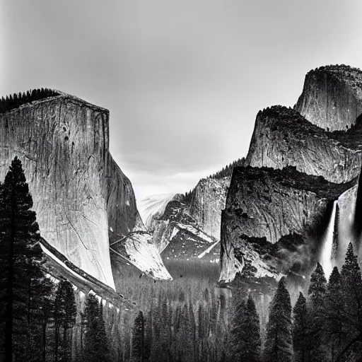 Image similar to black-and-white landscape photograph of Yosemite National, covered in mist, Park by Ansel Adams width 1024