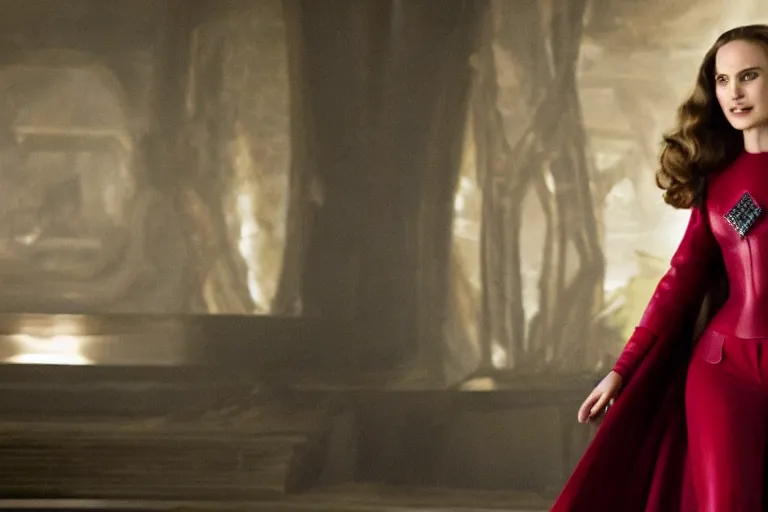 Prompt: film still of Natalie Portman as Wanda Maximoff Scarlett Witch in Wandavision