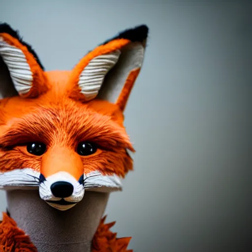 Image similar to portrait of a realistic fox fursuit at a furry convention, indoors, midday, realisitc bokeh photo