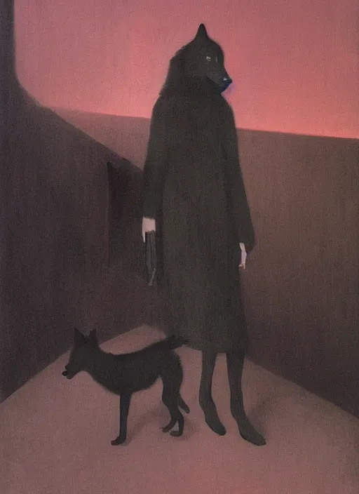 Image similar to woman with on a black wolf on the night street by Edward Hopper and James Gilleard, Zdzislaw Beksinski highly detailed