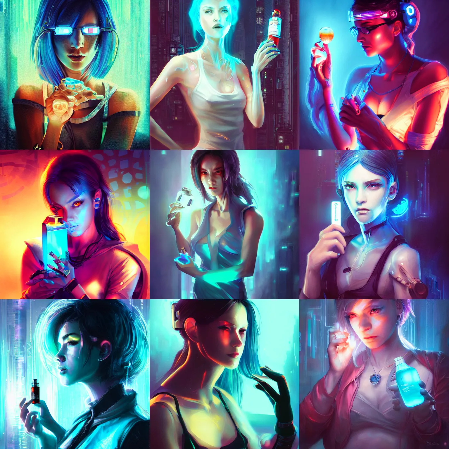 Prompt: a cyberpunk painting of a beautiful female holding a glass vial of glowing cyan liquid by ross tran, highly detailed, cool lighting, deviantart, thoughtful expression