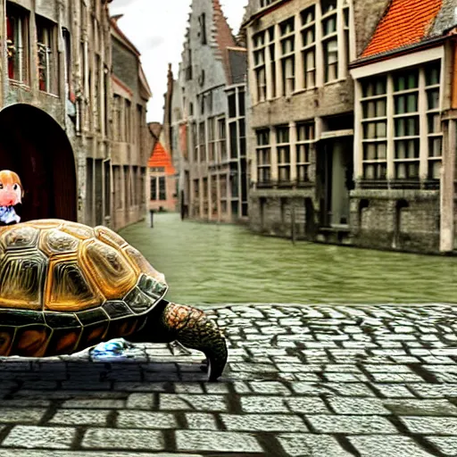 Prompt: Manga cover of a little girl riding on top of a giant tortoise through the streets of Bruges, 3d render diorama by Hayao Miyazaki, official Studio Ghibli still, color graflex macro photograph, Pixiv