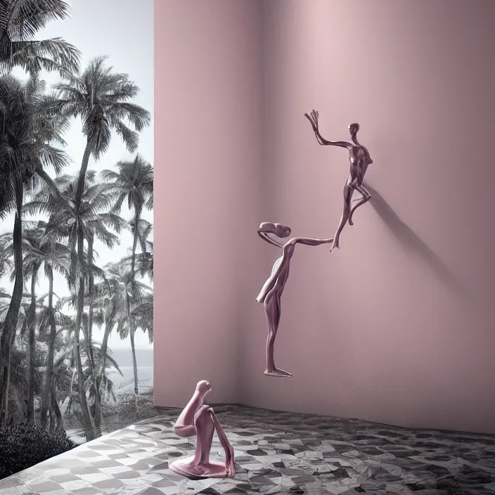 Image similar to hyperrealistic random objects in a surreal minimalistic dreamscape environment by salvador dali, enormous pink mannequin head statue, highly detailed, 3 d render, vray, octane, beautiful lighting, photorealistic, intricate, elegant, wayne barlowe, water, mirrors, doorway, beautiful, masterpiece, trending on artstation, artgerm, checkered floor, palm tree