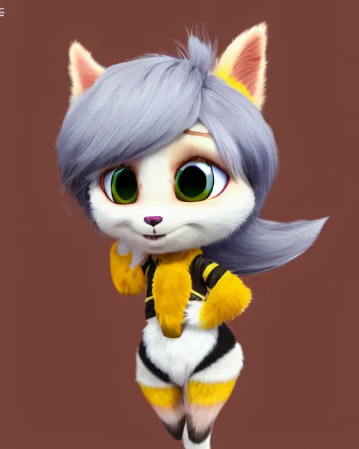 Prompt: female furry mini cute style, highly detailed, rendered, ray - tracing, cgi animated, 3 d demo reel avatar, style of maple story and zootopia, maple story gun bumblebee girl, bee chibi, soft shade, soft lighting