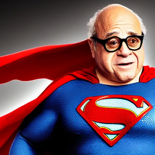 Prompt: danny devito as superman, photo, realistic, 8k