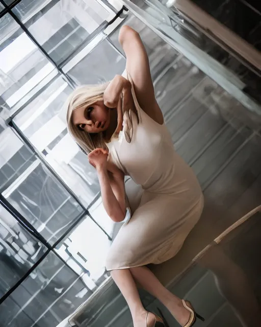 Prompt: 2 8 mm portrait of cute emily skinner cosplaying annie leonhart wearing tight white dress, wearing open toe heels, pale skin, glass floor, cinematic lighting, sharp focus, backlit, stunning, smooth, hard focus, glamour pose, full body shot, octane 8 k, rtx, hdr