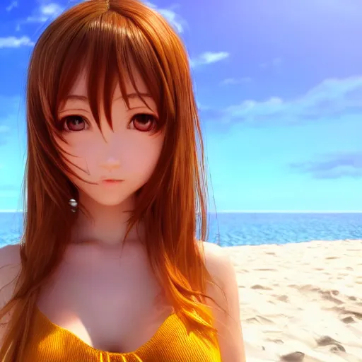 Prompt: Render of a very beautiful 3d anime girl, long hair, hazel eyes, cute freckles, full round face, short smile, cute sundress, golden hour, serene beach setting, medium shot, mid-shot, highly detailed, trending on Artstation, Unreal Engine 4k wallpaper