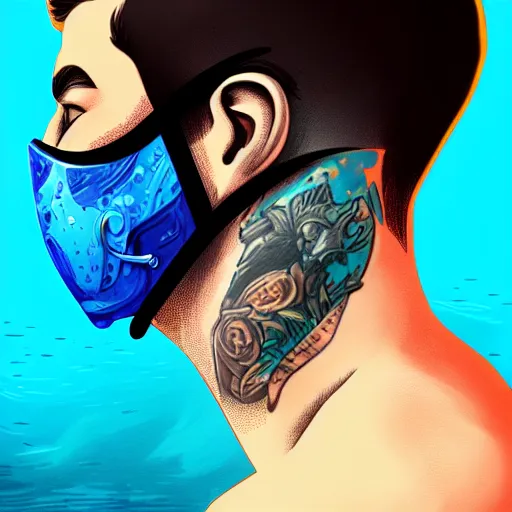 Image similar to a profile photo of a man with underwater mask with tattoos on arm and neck, side profile in underwater, highly detailed, digital painting, artstation, illustration by Sandra Chevrier