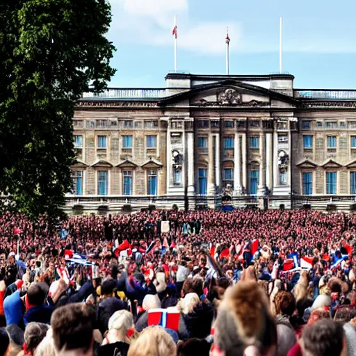 Image similar to a picture of buckingham palace very very very accurate with a gigantic crowd of protestors on the street, the sky is blue and everyone is holding russian flags or posters with prince andrew's face wide shot hyperrealistic photography 7 0 mm