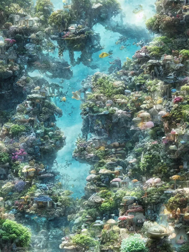 Image similar to partly underwater merpeople town made of rocks and sand, cute style garden, octane render, algae - trees, evergreen, patio, garden, wet atmosphere, tender, soft light misty yoshitaka amano, and artgerm