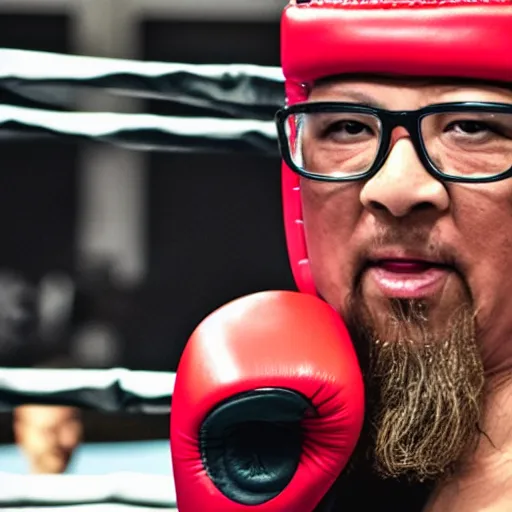 Prompt: a mandarin with glasses, in a boxing ring