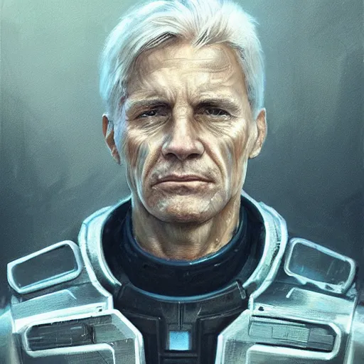 Prompt: Portrait of a man by Greg Rutkowski, he is about 60 years old, short blond hair, athletic and strong, straight jaw, wearing a futuristic tactical gear, expression of determination with weariness and resignation, older brother vibes, highly detailed portrait, digital painting, artstation, concept art, smooth, sharp foccus ilustration, Artstation HQ.