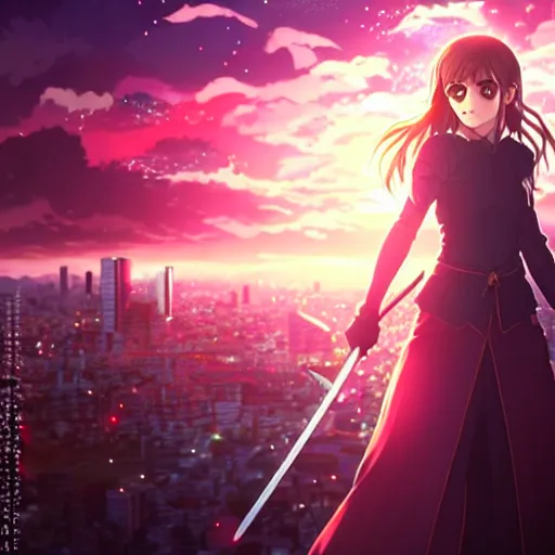 Prompt: portrait emma watson in heavens feel movie, tokyo, ufotable, key visual, cinematic, city background, night time, rooftop, fate stay night, unlimited blade works, greg rutkowski, high resolution, street clothes, anime, high budget