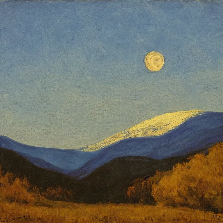 Prompt: vermont mountains, supermoon, abbott handerson thayer painting, blue palette