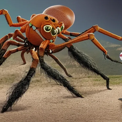 Prompt: Photostock of a soccermom happily married to a giant tarentula. The giant tarentula looks very corporate, wears a tie and weave a web around his wife.