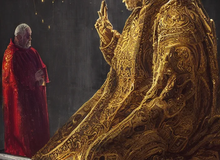 Image similar to kneeling before the pope, royal robe, gold trim, light effect, hyper detailed, intricate, atmospheric, elegant, photorealistic by paul lehr, marco mazzoni, featured on cgsociety, rococo, whimsical, artstation