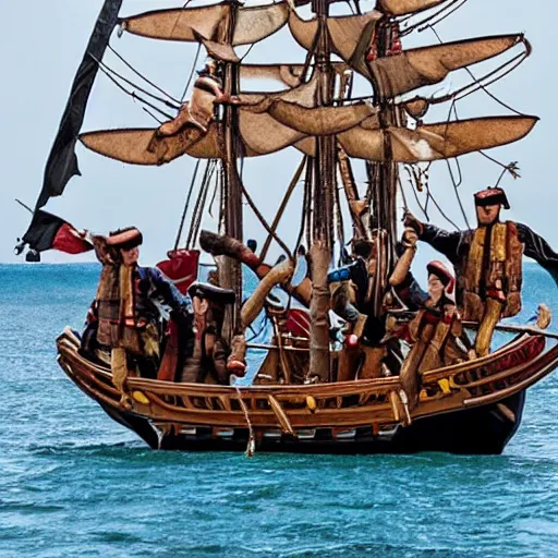 Image similar to a crew of monkeys sailing a pirate ship